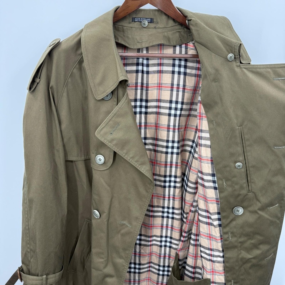 Vintage Olive Green Trench Coat Plaid Lined Sz Mens 42 L Heritage Prep Military